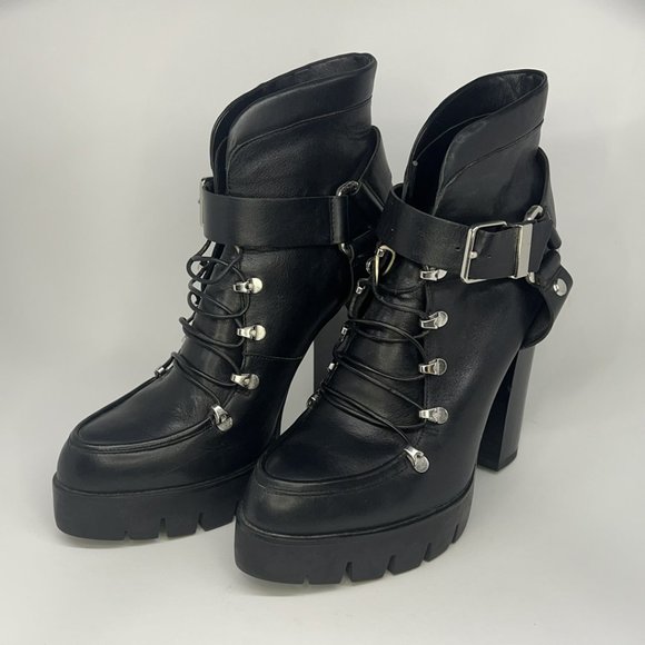 Zara Black Leather Platform Lug Sole Harness Lace Up Ankle Boots EU 39 (US M) - Picture 3 of 10